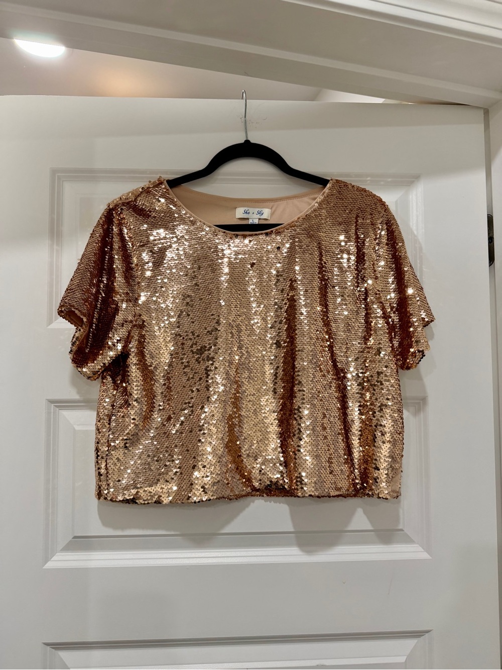 She & Sky Champagne/Rose Gold Sequin Crop Top Size L